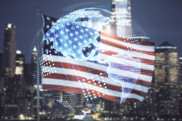 Digital map of North America hologram on US flag and skyline background, global technology concept. Multiexposure