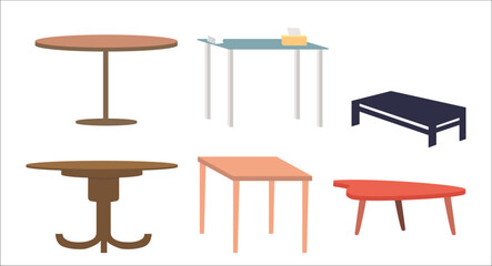 Set of tables. Collection of trendy wooden plastic comfortable desks for apartment interior design