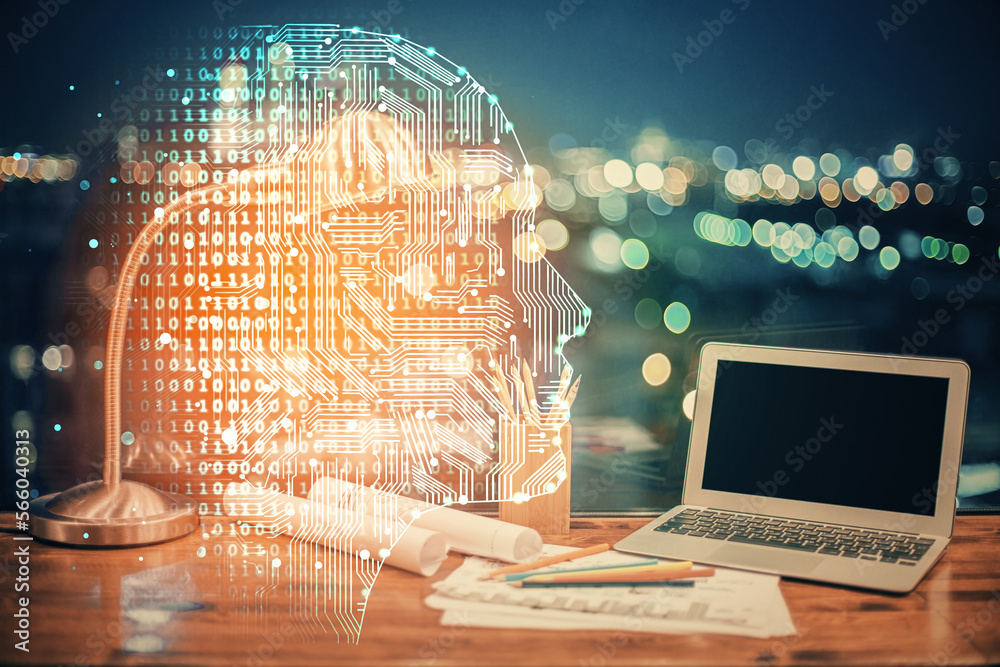 Poster multi exposure of work space with computer and human brain hologram. brainstorm concept.