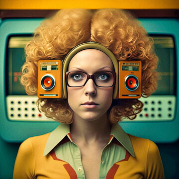 A young woman with a retrofuturistic headset, 70s hairstyle and fashion - generative ai