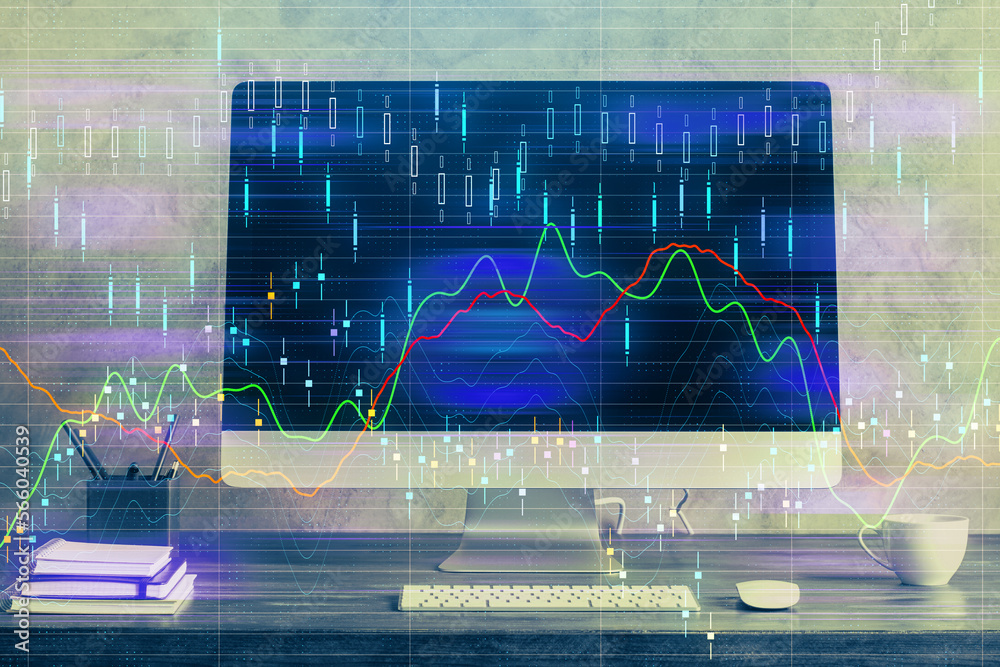 Poster double exposure of forex chart and work space with computer. concept of international online trading