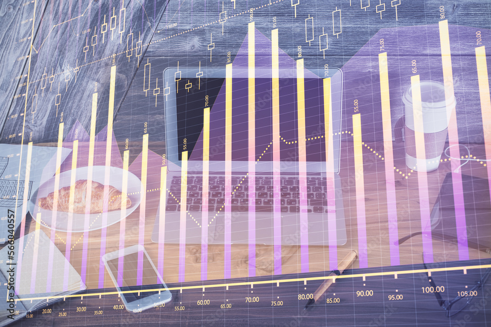 Poster double exposure of forex chart and work space with computer. concept of international online trading