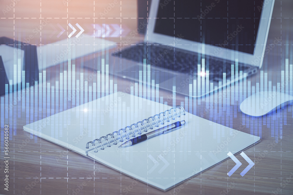 Poster double exposure of forex chart and work space with computer. concept of international online trading