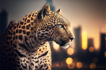 Plakat Leopard in town buildings on the background generative ai