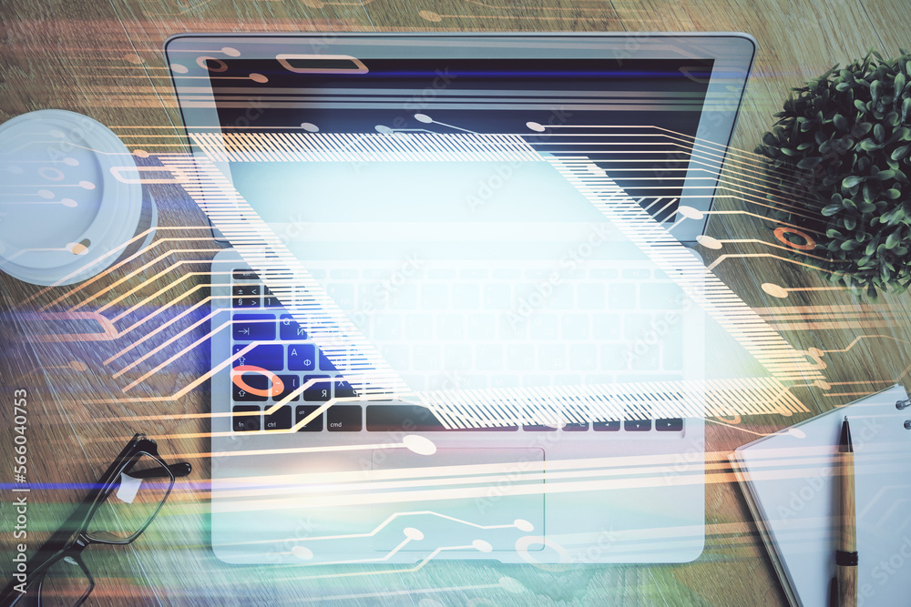 Poster double exposure of computer and technology theme drawing. concept of innovation.