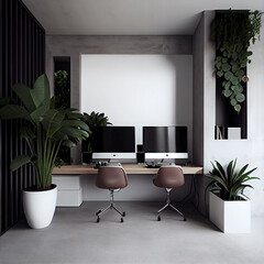 Minimalist office interior with plants, minimal workplace design background
