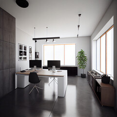 Minimalist office interior with plants, minimal workplace design background - obrazy, fototapety, plakaty