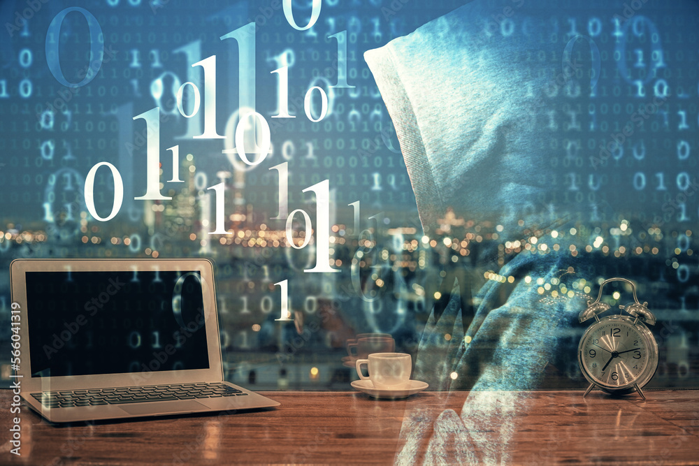 Poster Multi exposure of computer on background and technology theme drawing. Concept of innovation.