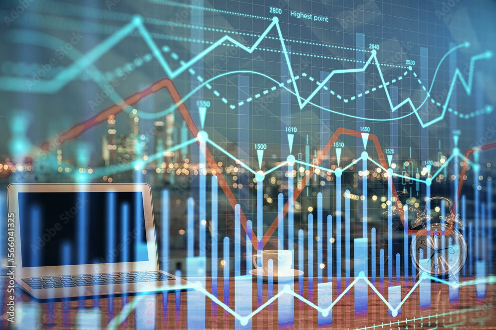 Poster double exposure of forex chart and work space with computer. concept of international online trading