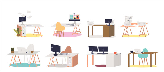 Empty workplaces set with office desks, computers pc, documents, coffee and chairs for employee