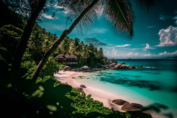 Seychelles Paradise Beach with Palm Trees