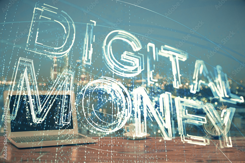 Poster Multi exposure of blockchain theme hologram and table with computer background. Concept of bitcoin crypto currency.