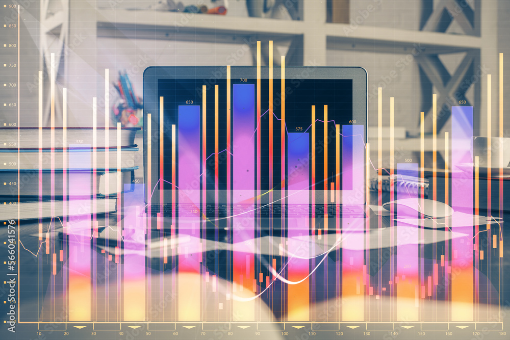 Aufkleber Double exposure of chart and financial info and work space with computer background. Concept of international online trading.