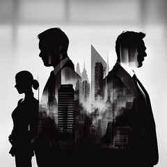 Business background, teamwork double exposure effect with city buildings illustration