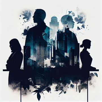 Business background, teamwork double exposure effect with city buildings illustration