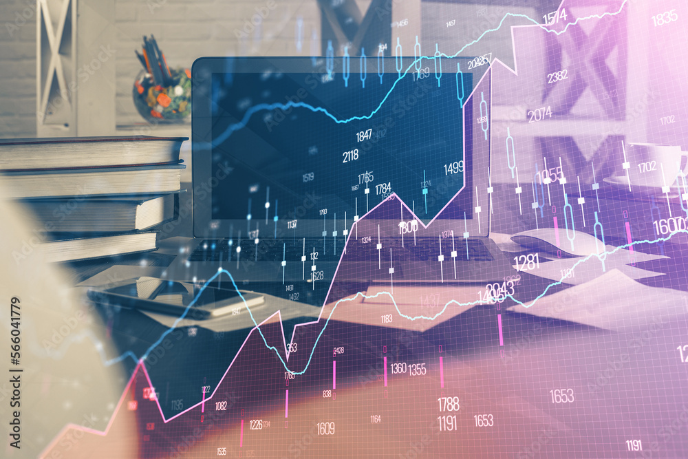 Poster Double exposure of chart and financial info and work space with computer background. Concept of international online trading.