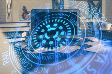 Technology theme drawing and work space with computer. Double exposure. Concept of innovation.