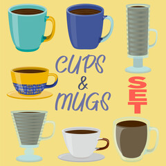 Cup of tea blue and turquoise SET in realistic style. Porcelain mug with hot cofee.