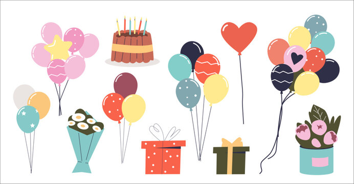 Happy birthday set with cake, flower bouquets, balloons and gifts. Presents for greeting card design