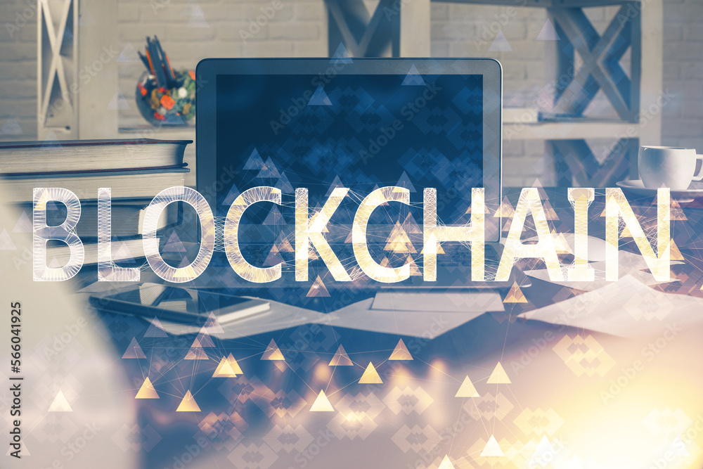 Poster Multi exposure of blockchain theme hologram and table with computer background. Concept of bitcoin crypto currency.