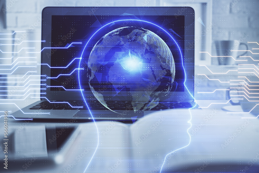 Poster Double exposure of work table with computer and brain sketch hologram. Brainstorming concept.