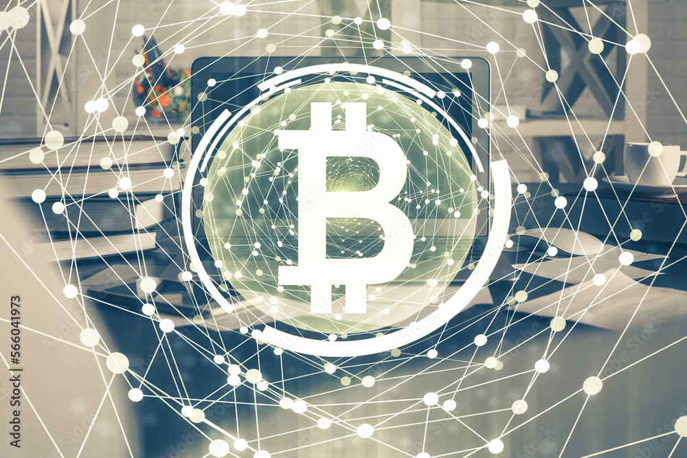 Poster Multi exposure of blockchain theme hologram and table with computer background. Concept of bitcoin crypto currency.