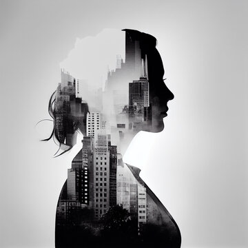 Business background, businesswoman double exposure effect and city buildings illustration