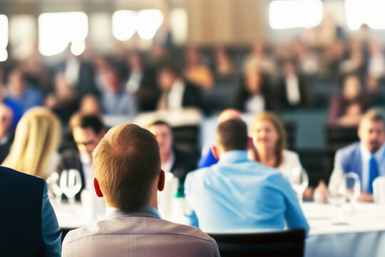 Business or university summit, man sitting with back turned, blurred sitting crowd background. 