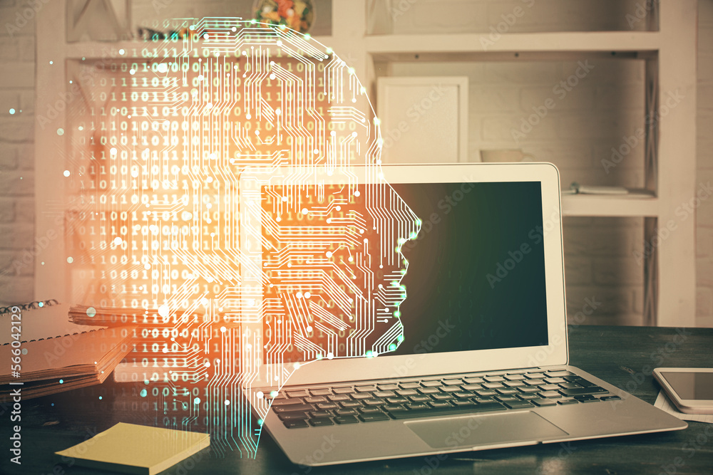 Aufkleber Double exposure of work table with computer and brain sketch hologram. Brainstorming concept.