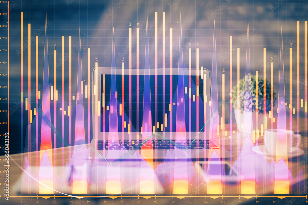 Aufkleber double exposure of chart and financial info and work space with computer background. concept of inte
