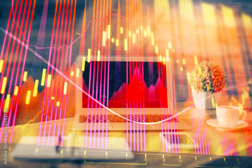 Poster double exposure of forex chart and work space with computer. concept of international online trading