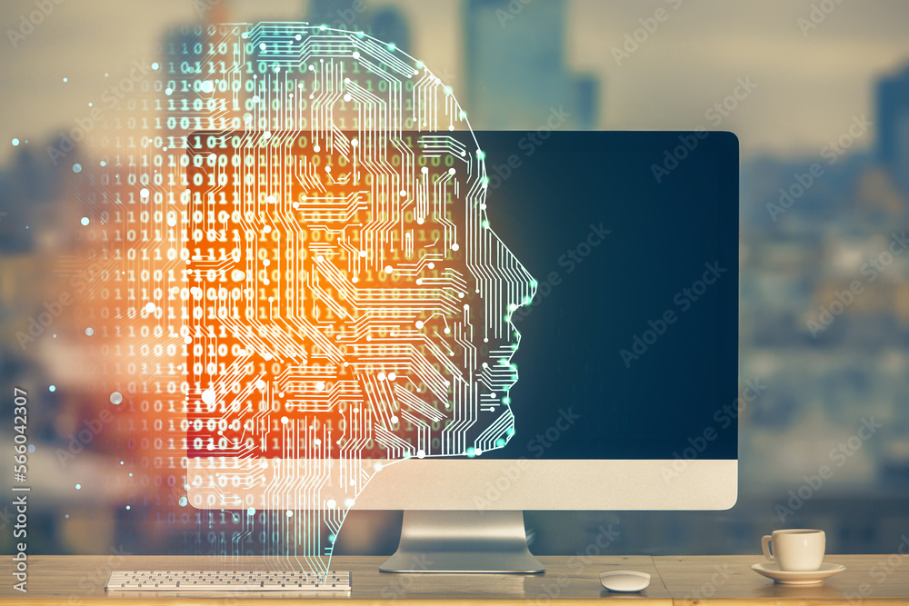 Leinwandbilder double exposure of table with computer and brain hologram. data innovation concept.