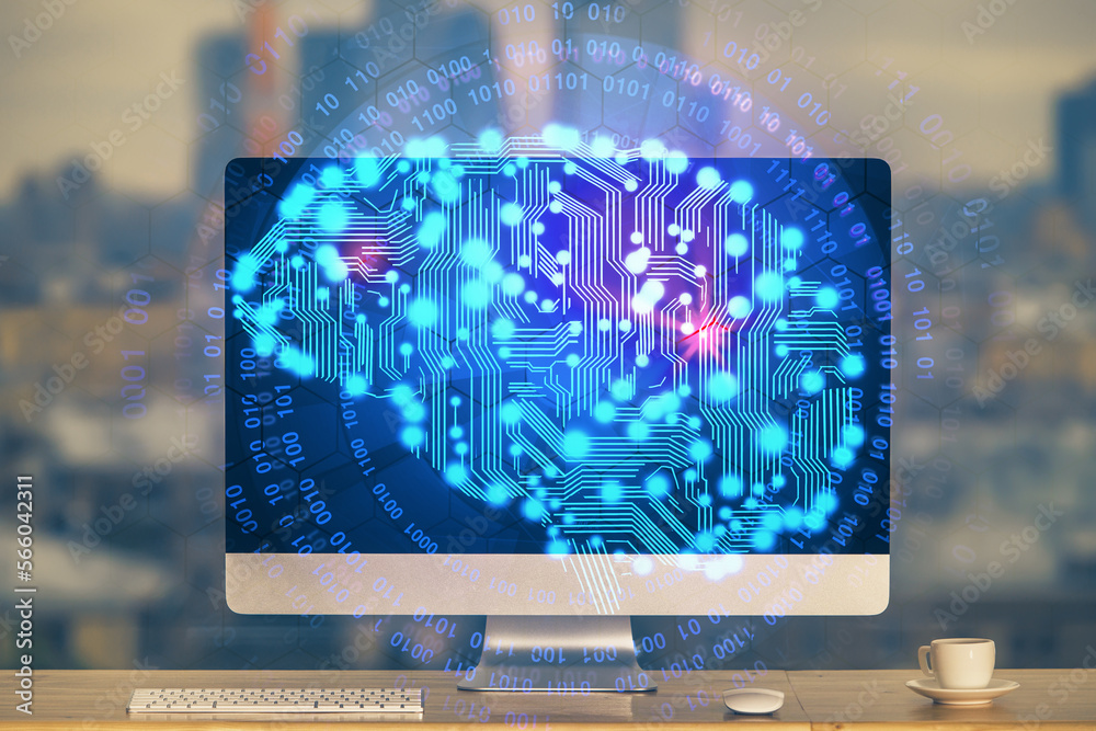 Aufkleber Double exposure of table with computer and brain hologram. Data innovation concept.