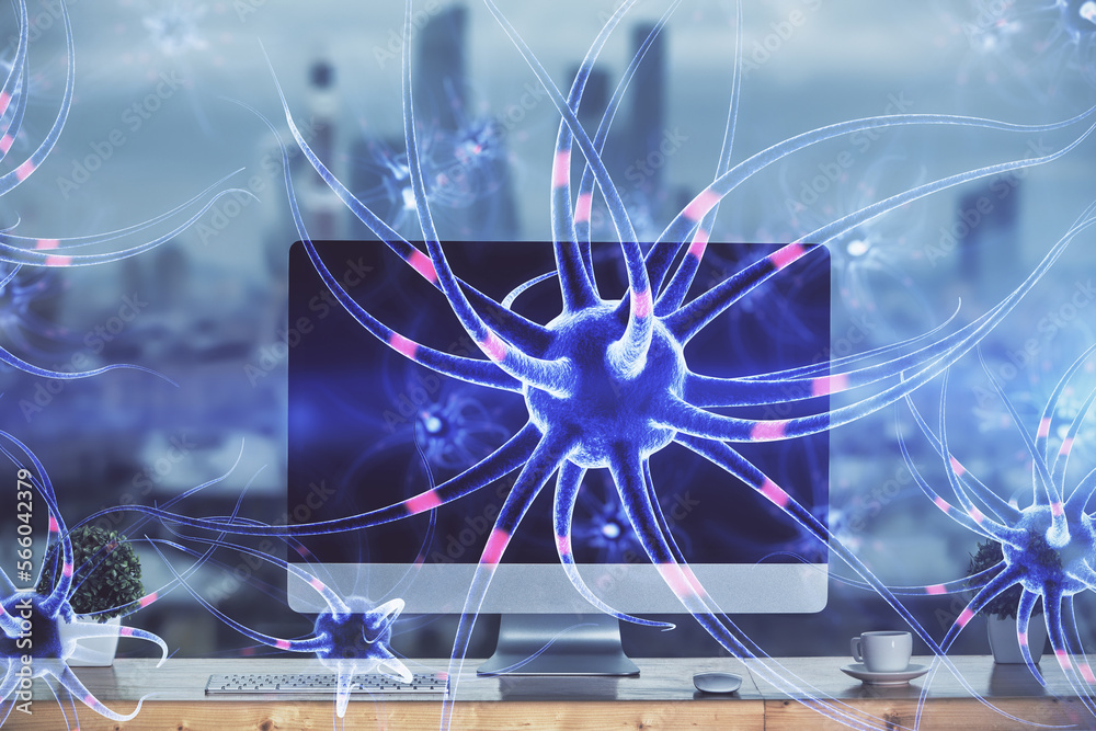 Aufkleber desktop computer background and neuron drawing. double exposure. education concept.