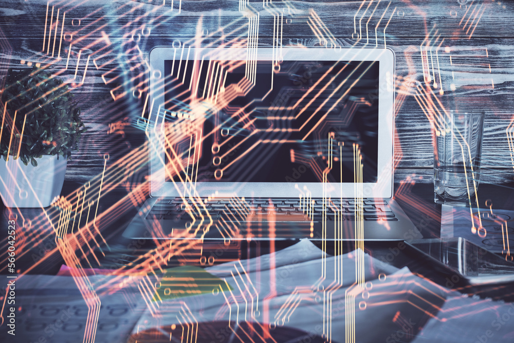 Poster Computer on desktop in office with technology theme hologram. Multi exposure. Tech concept.