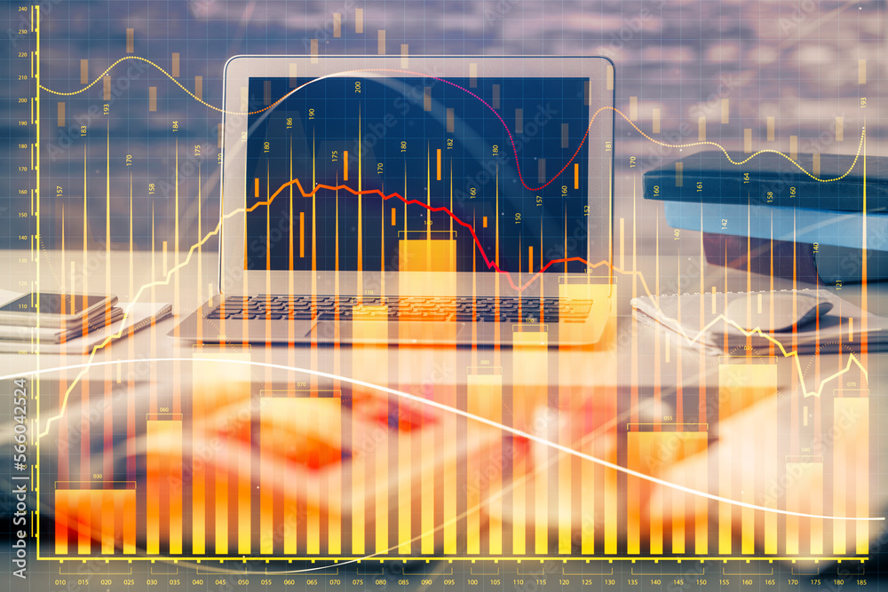 Poster Double exposure of chart and financial info and work space with computer background. Concept of international online trading.
