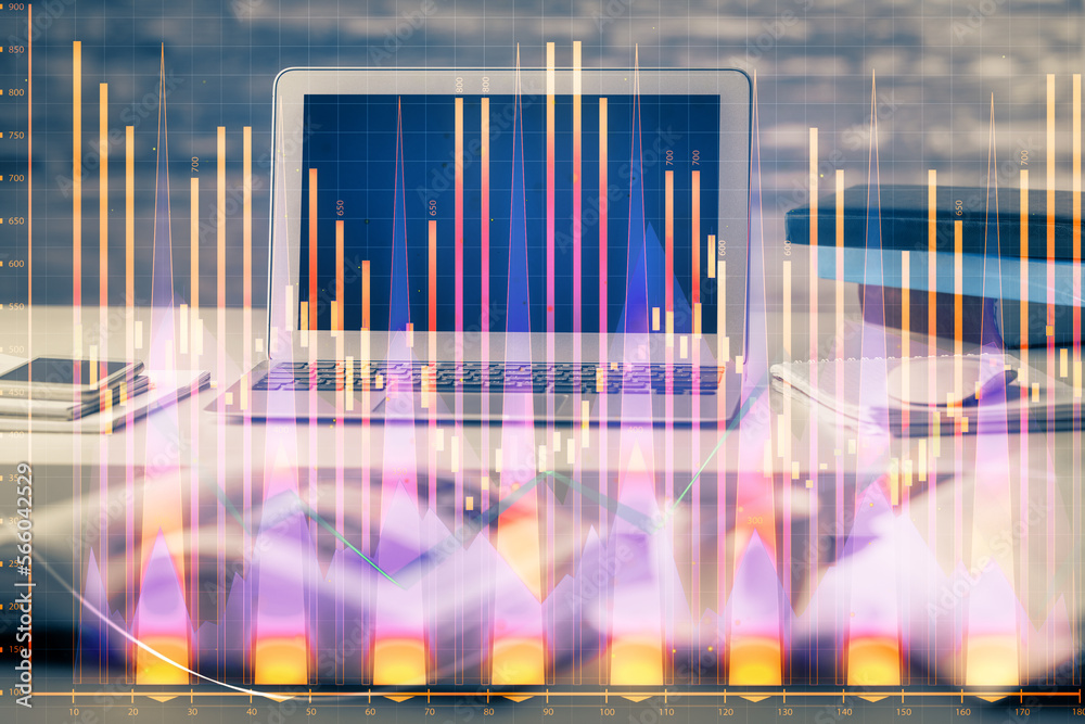 Poster double exposure of forex chart and work space with computer. concept of international online trading