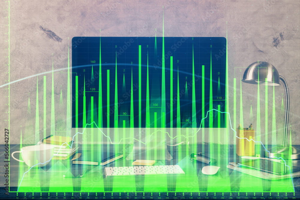 Poster double exposure of forex chart and work space with computer. concept of international online trading