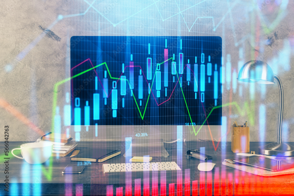 Poster double exposure of forex chart and work space with computer. concept of international online trading