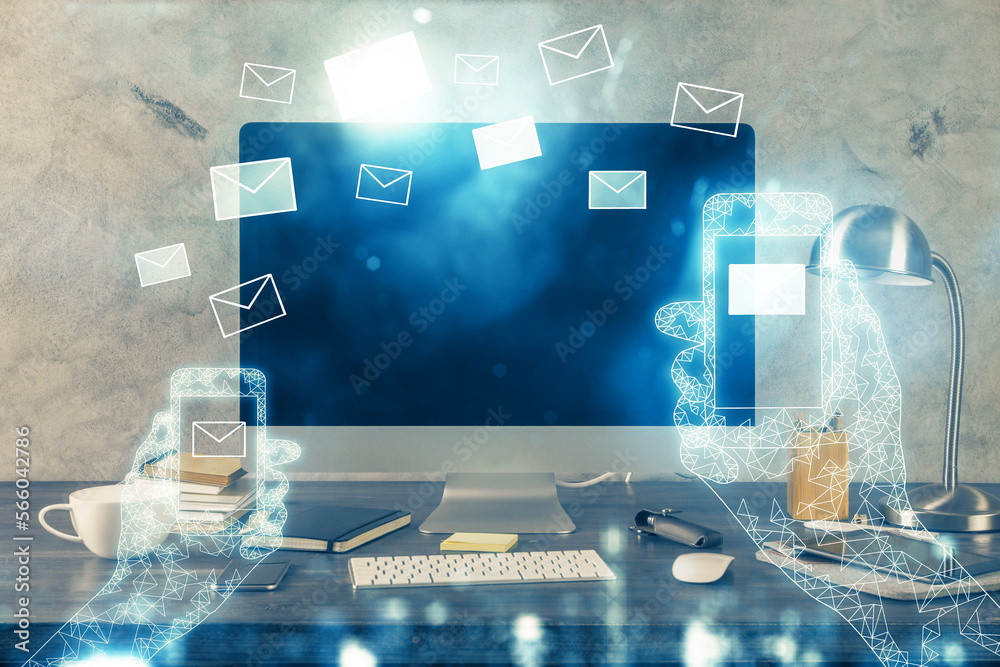 Aufkleber desktop computer background in office and flying envelops hologram drawing. multi exposure. electron
