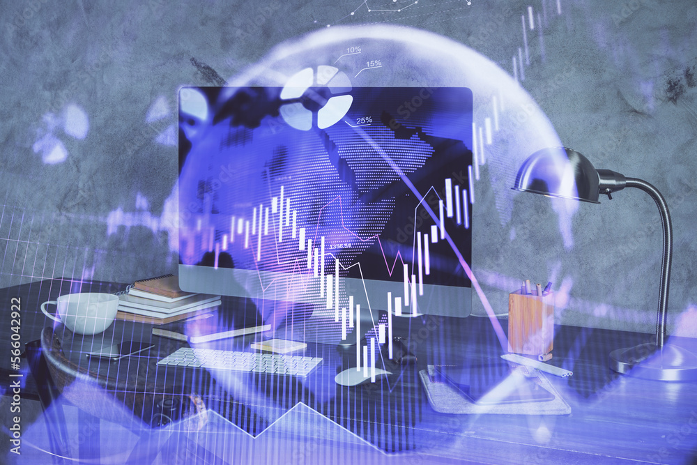 Poster double exposure of forex chart and work space with computer. concept of international online trading