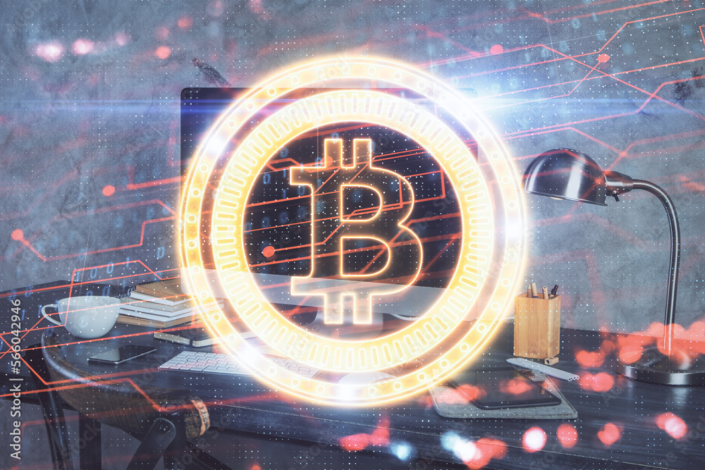 Poster Double exposure of blockchain and crypto economy theme hologram and table with computer background. Concept of bitcoin cryptocurrency.