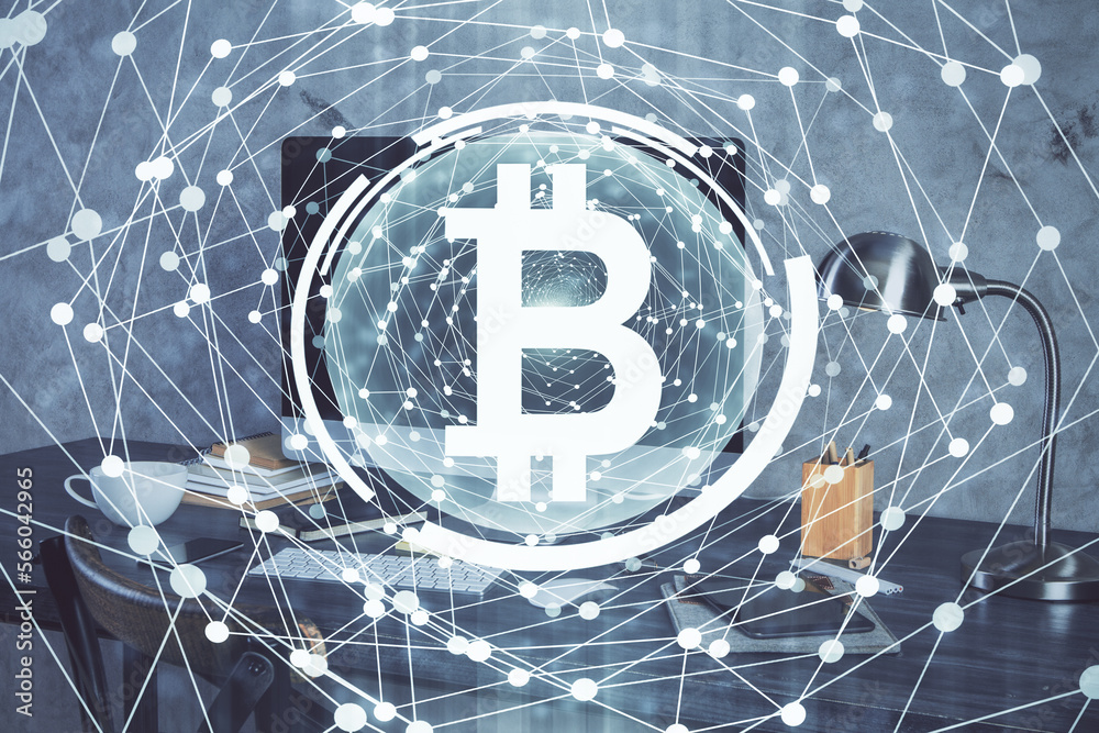 Poster Double exposure of blockchain and crypto economy theme hologram and table with computer background. Concept of bitcoin cryptocurrency.