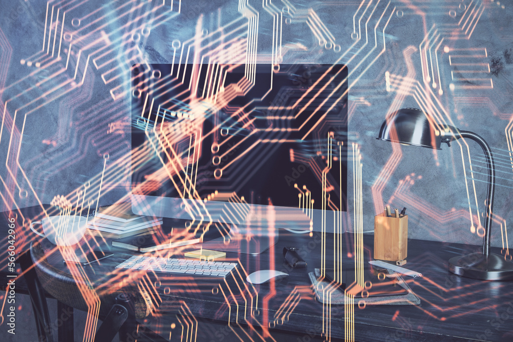 Poster Computer on desktop in office with technology theme hologram. Multi exposure. Tech concept.