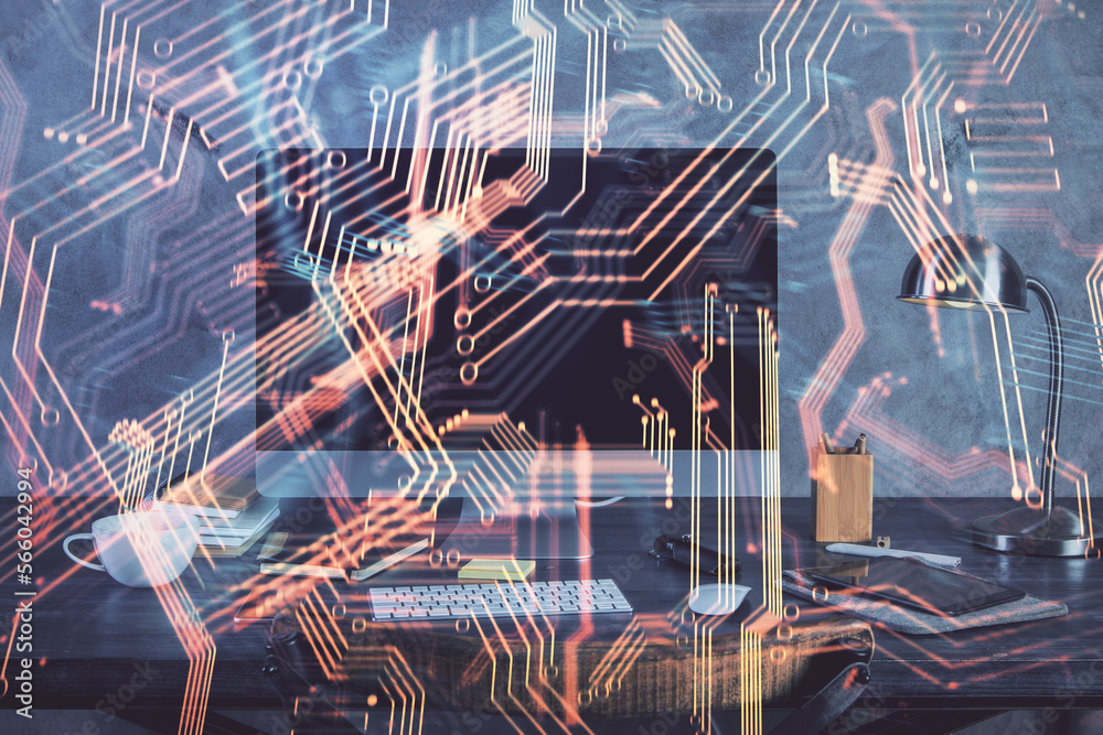 Poster computer on desktop in office with technology theme hologram. multi exposure. tech concept.
