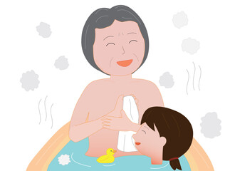 孫と一緒に風呂に入る高齢者。