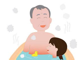 孫と一緒に風呂に入る高齢者。