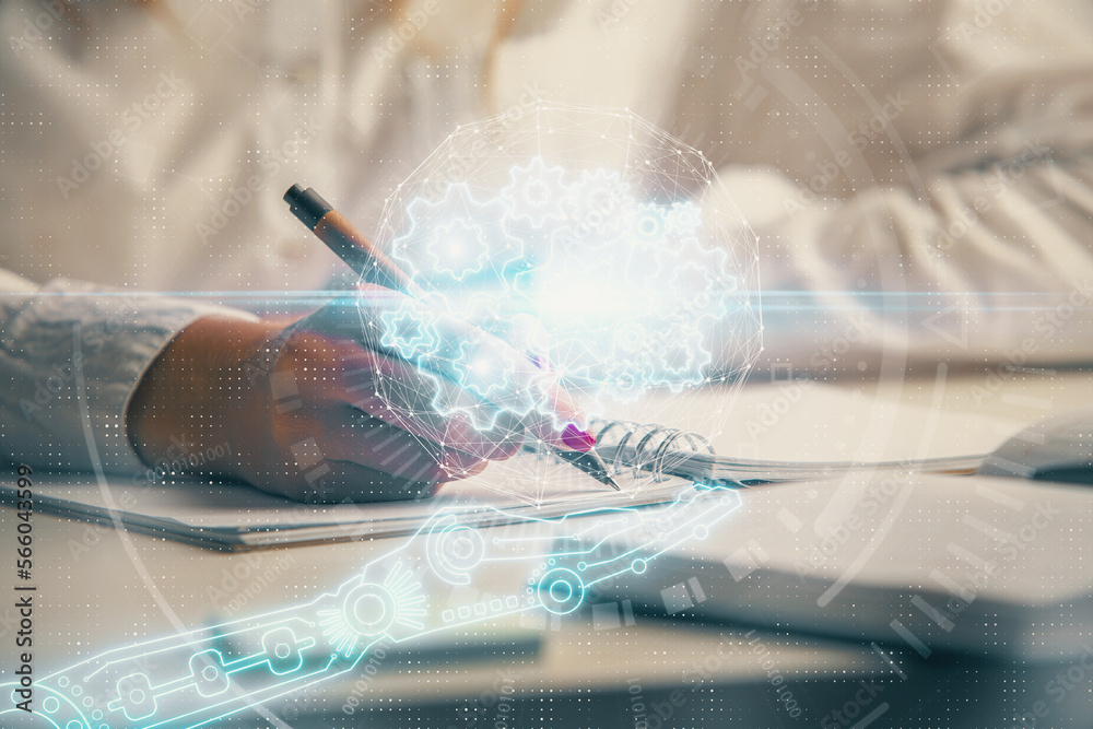 Poster multi exposure of woman's writing hand on background with data technology hologram. concept of innov