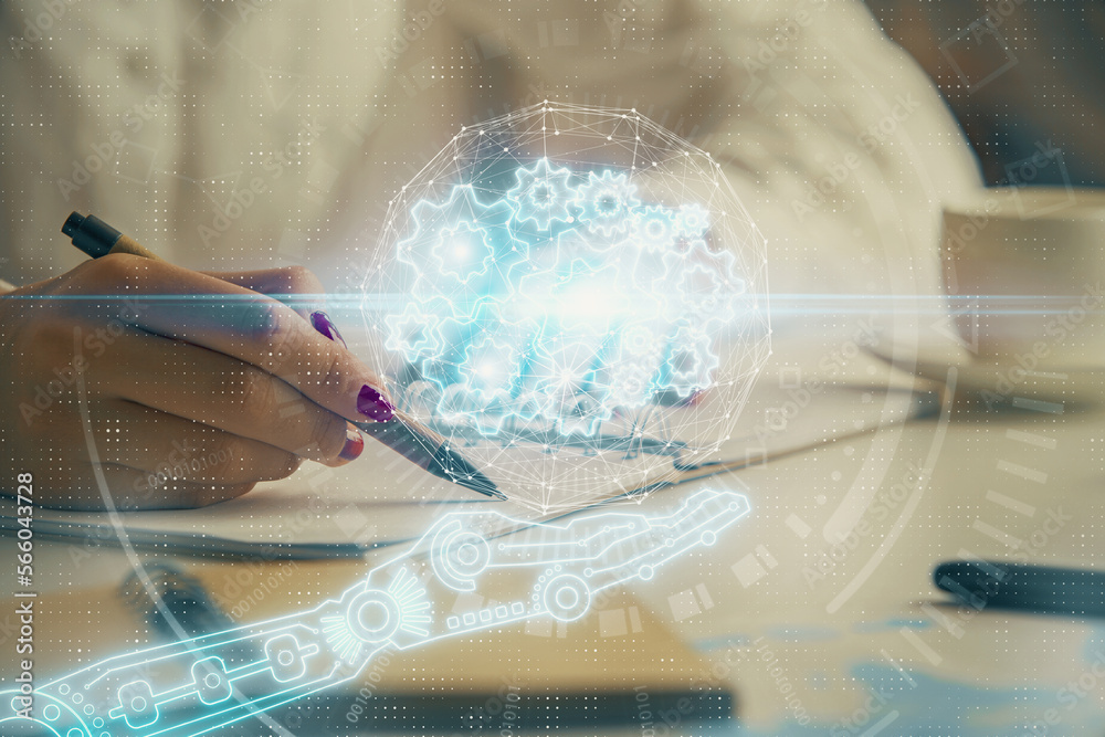Poster multi exposure of woman's writing hand on background with data technology hologram. concept of innov