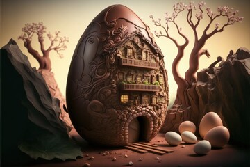 Chocolate factory in fantasy world, giant easter egg factory, digital illustration, Generative AI
